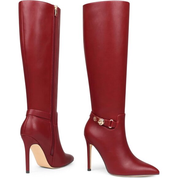 Women's Red Coleter Knee High Pointed Toe Stiletto Buckle Dress Boots - Picture 7 of 7